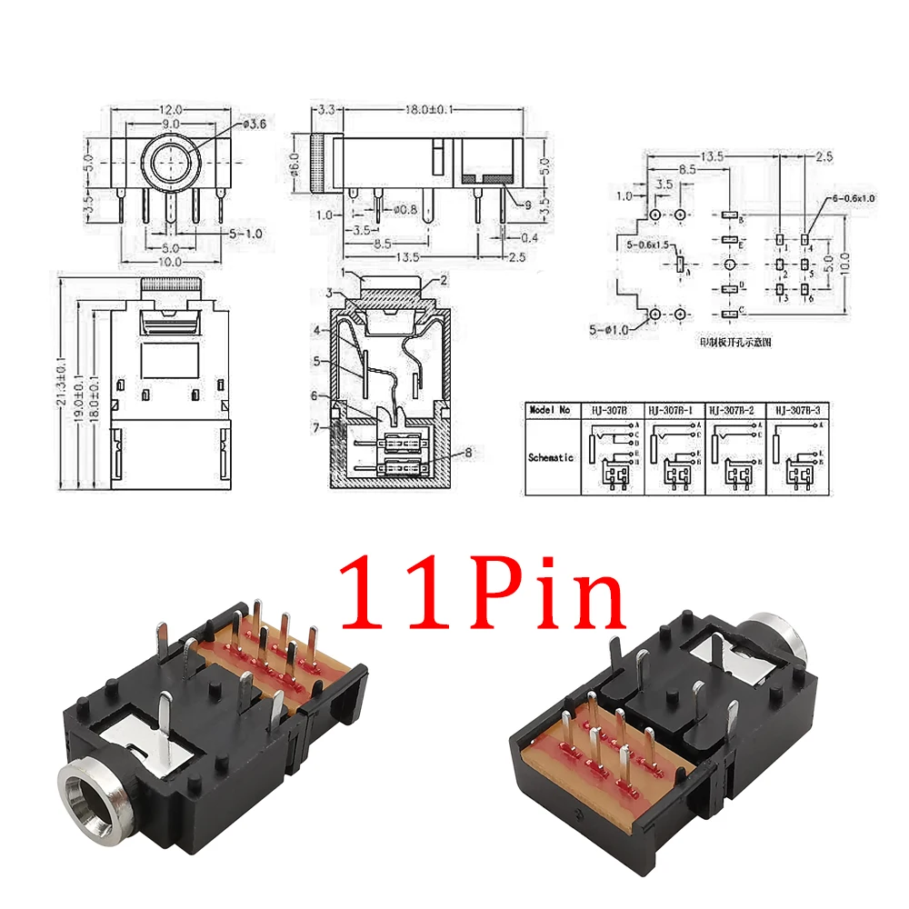 10Pcs PJ-307 3.5mm Stereo Audio Jack Socket Connector 5P/8P/11Pin 3.5mm Dual Channel Audio Headphone Jack Connector With Switch