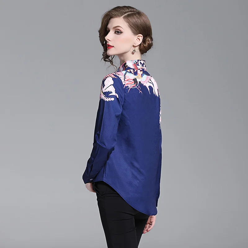 Special Offer Spring Autumn Women Long Sleeve Blouse High Quality Designer Retro Print Navy Blue Shirt Casual Women Tops