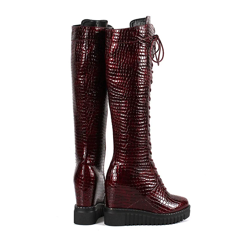 Photin 2023 inverno stivali alti al ginocchio in vera pelle zeppa tacchi alti zip cross tied scarpe da donna nero bottino lungo 1207