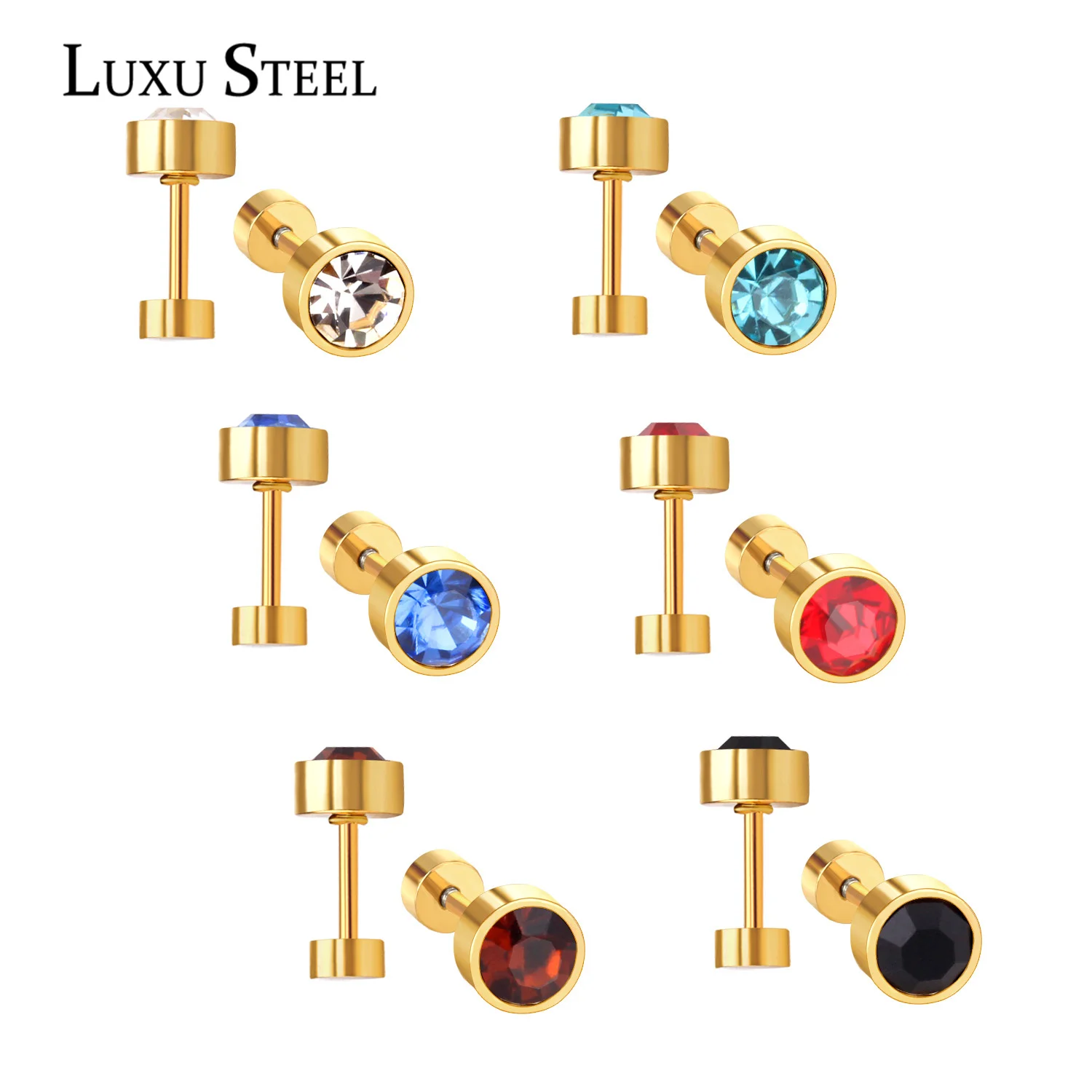 LUXUSTEEL Small Earrings 2023 New Trendy Stainless Steel Round Clear CZ Screw Back Stud Earrings Women Accessoies Bijoux Female