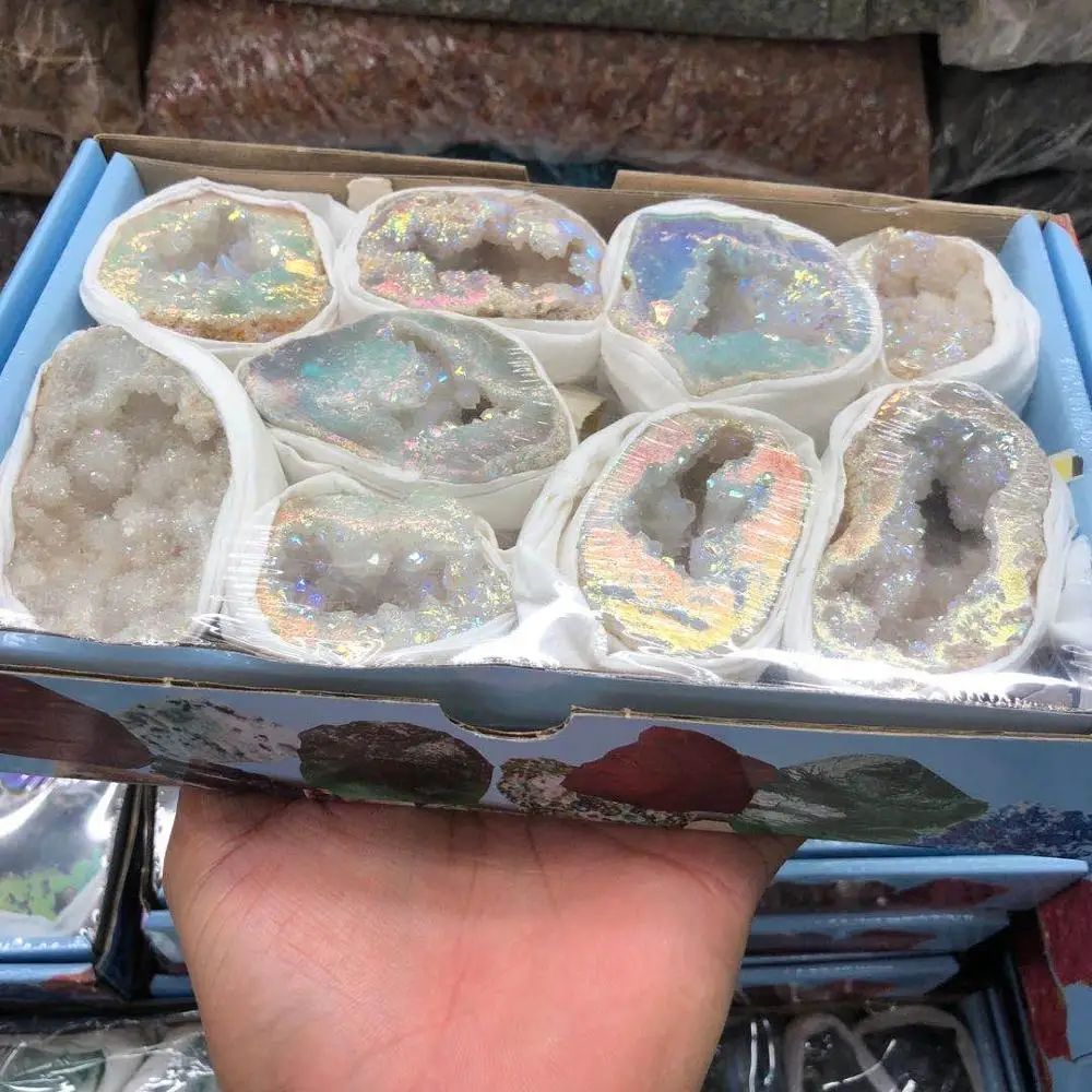 A box of natural crystal electroplated crystal caves with new crystal minerals packaged with natural crystal