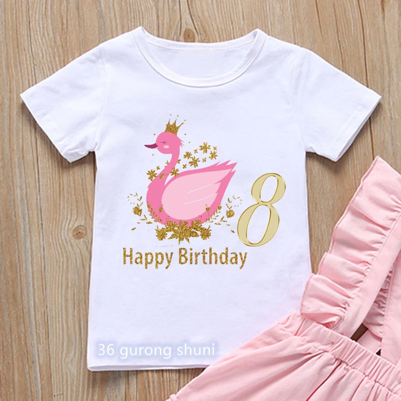 Newly Girls T-Shirt Funny Flamingo Graphics 3 To10 Years Old Happy Birthday Costume Cute Kids Clothes Summer Pink White Tops