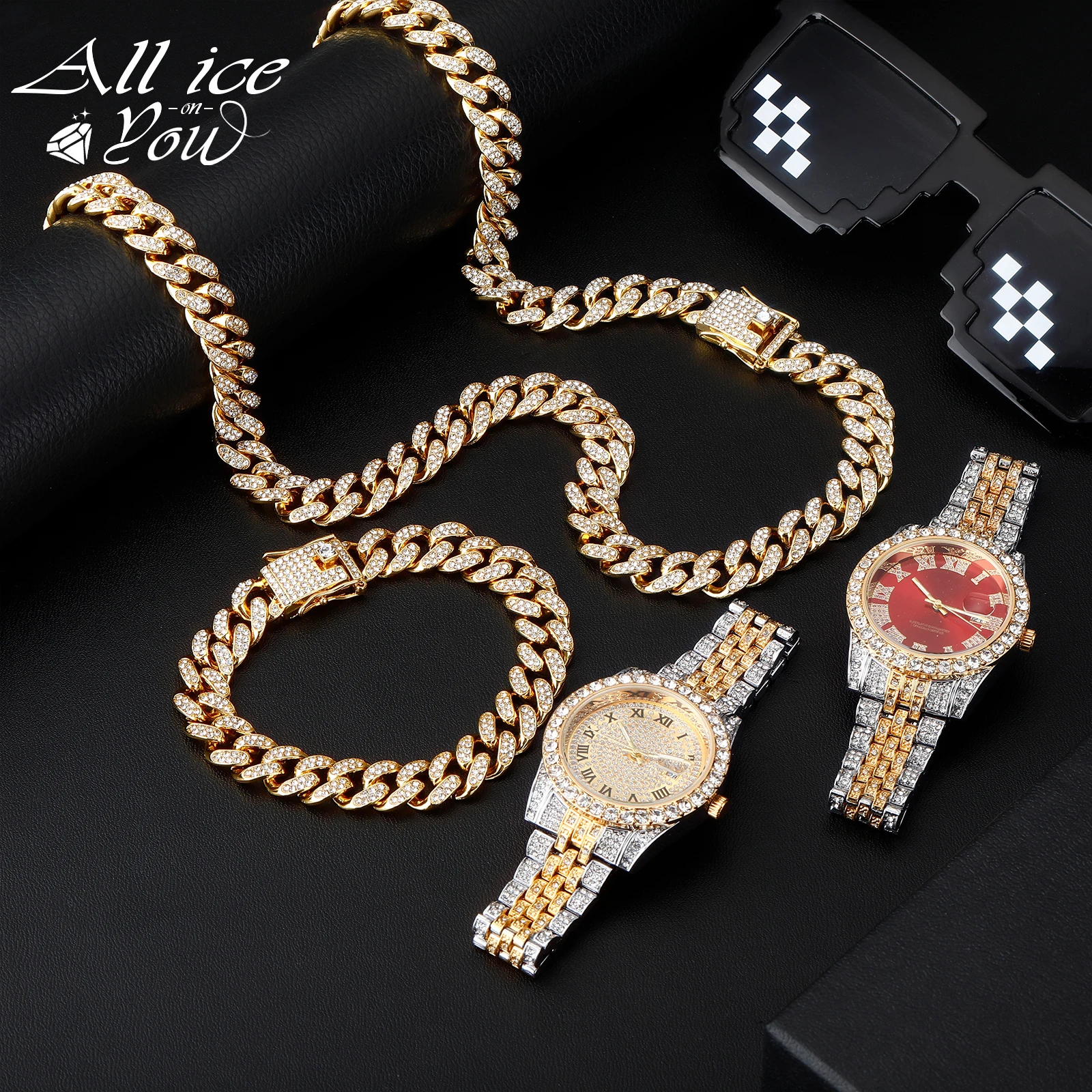 

Top Brand 14mm Necklace +Watch+Bracelet Stainless Steel Hip Hop Miami Curb Cuban Chain Iced Out Paved Rhinestones Women Jewelry