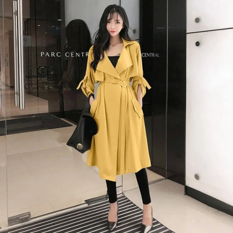 

Elegant OL Windbreaker Women Autumn Slim Belt Long Sleeve Trench Coat Streetwear Pocket Lapel Black Office Lady Long Outerwear