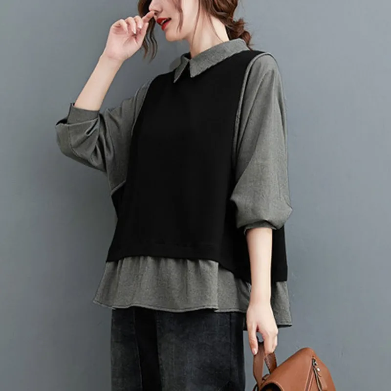 Women Casual Blouses Shirts New 2020 Autumn Korean Simple Style Vintage Patchwork Color Female Cotton Linen Tops S2329