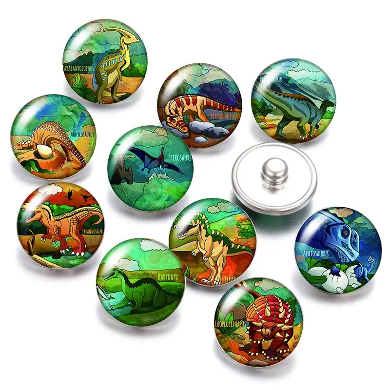 Ferocious dinosaurs 18mm snap buttons 10pcs mixed round photo glass cabochon style for snap button jewelry