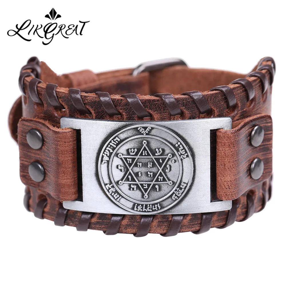 LIKGREAT Vintage Solomon Star of David Hexagram Charm Bracelets Men Wide Leather Bracelet Vintage Tantrism Amulet Jewelry Gifts