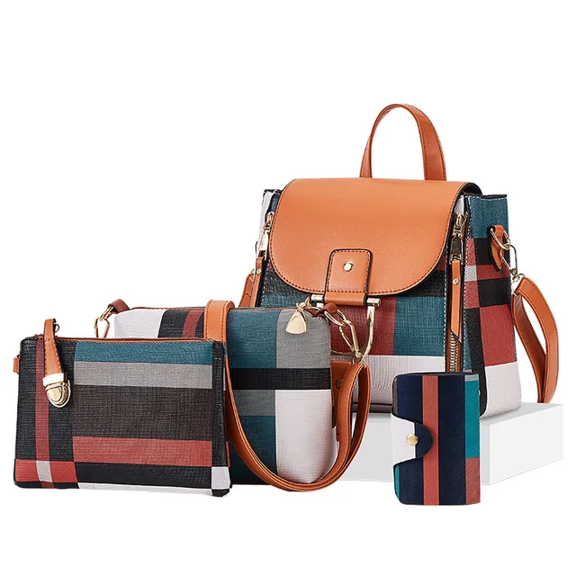 4 szt. Zestaw damskie torebki torebki o dużej pojemności Plaid kolor plecak dla kobiet PU skóra moda Tote torba na ramię Crossbody