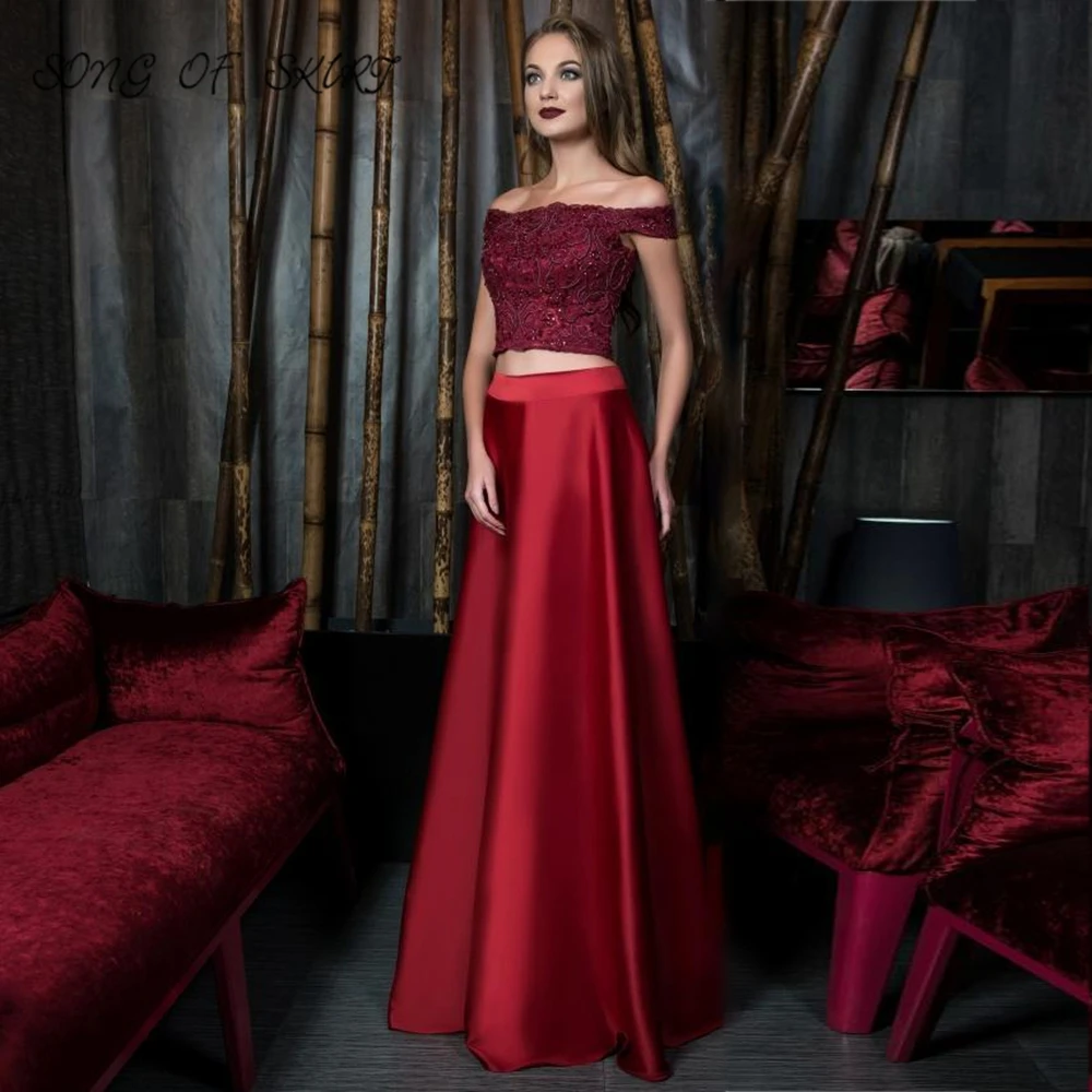 

Open Navel Two-piece Evening Dresses Elegance Off The Shoulder Lace Prom Dress Red Formal Long Party Gown Robe De Soirée