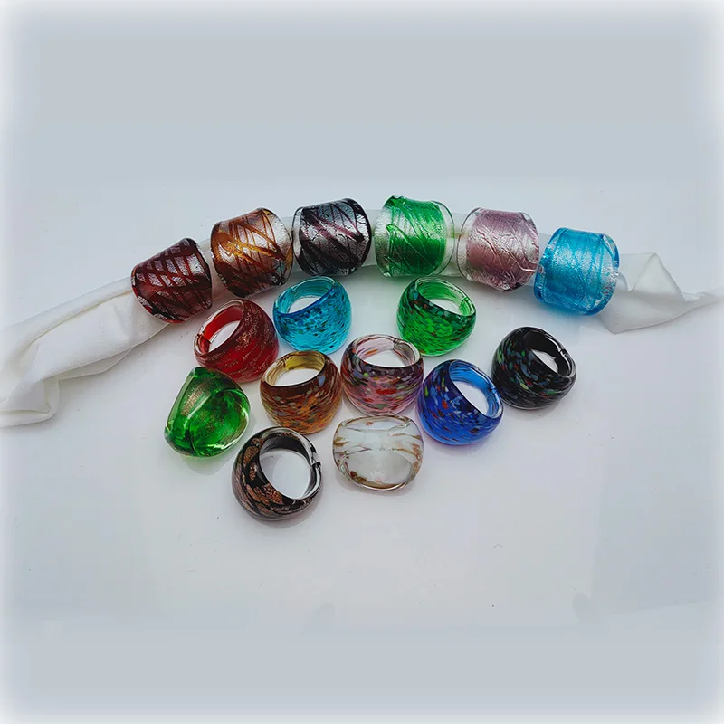 16PCS Mixed Vintage Murano Glass Lampwork Ring For Women Unisex Fashion Handmade Charm Finger Rings Jewelry Gifts Wholesale