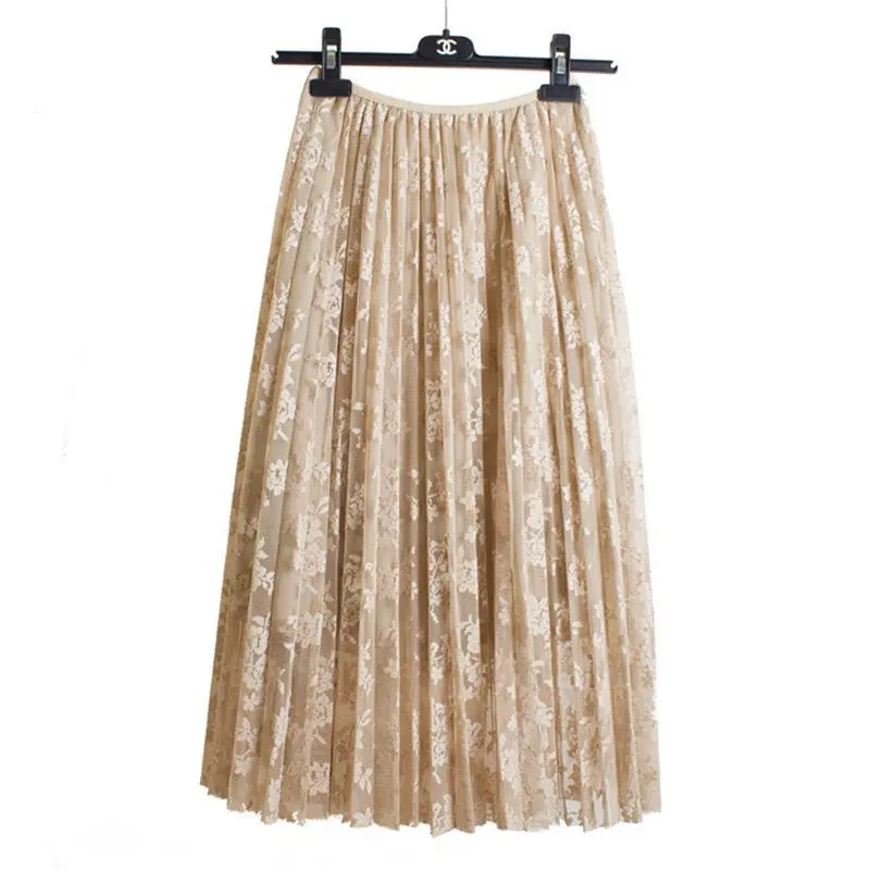 High Waist Lace Skirts Casual Embroidered A-line Pleated Skirt Female Winter Faldas Lining Spring Autumn Mid-Calf Women Skirt