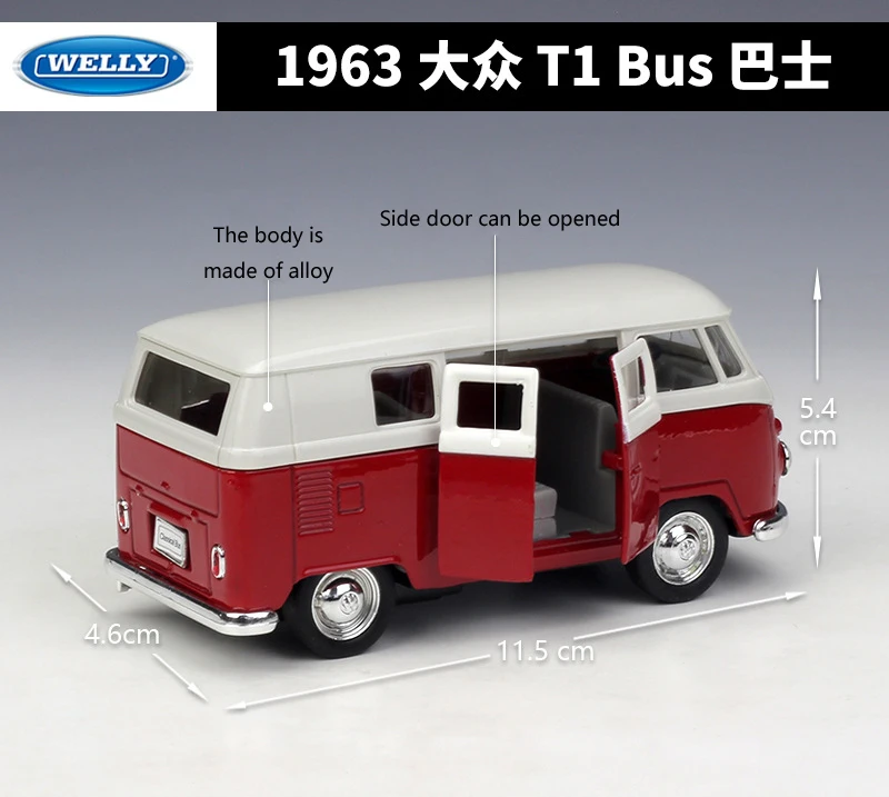 WELLY Diecast 1:36 Car Simulator 1963 Volkswagen T1 Bus Classic Pull Back Car Model Car Metal Alloy Toy Car Kid Gifts Collection