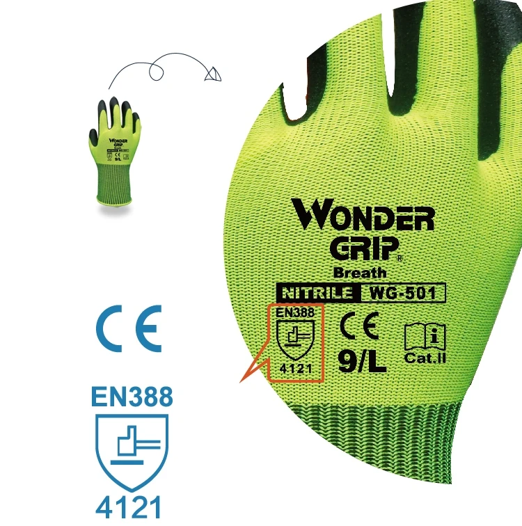 Gardening Work Gloves Nylon Spandex Fluorescent Green Nitrile Micro Foam Coated