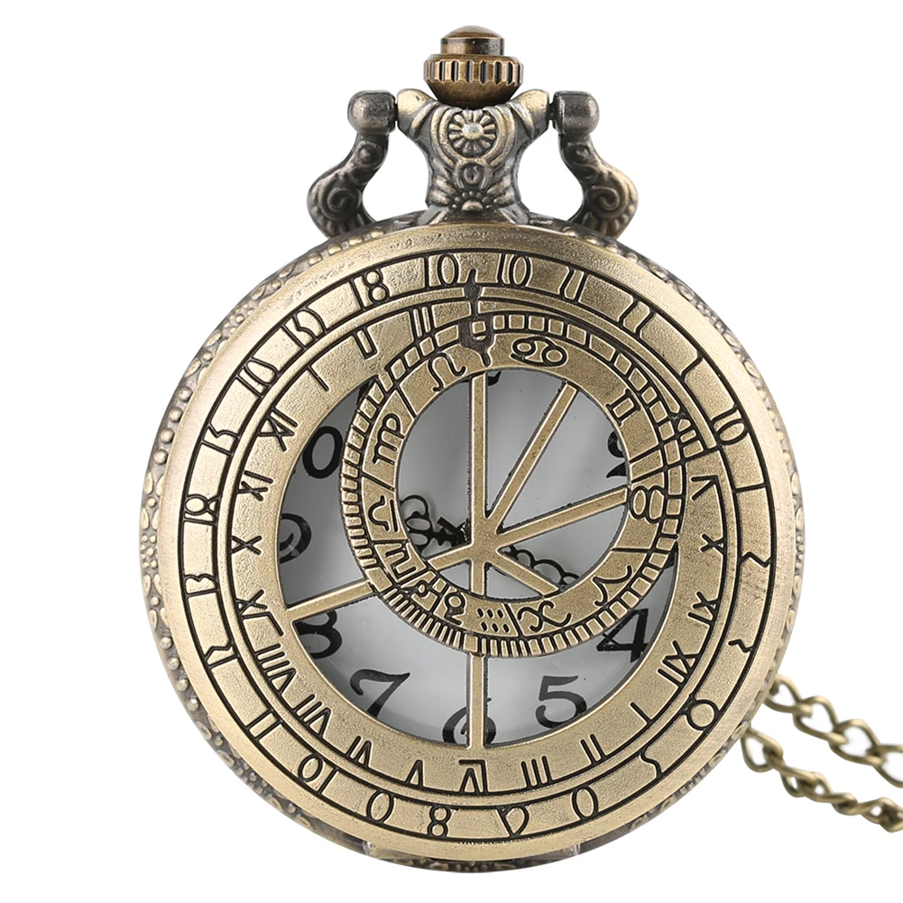 Retro Bronze Hollow Geometry Prague Astronomical Compass Design Quartz Pocket Watch Necklace Clock Fob Watches Zodiac Pendants