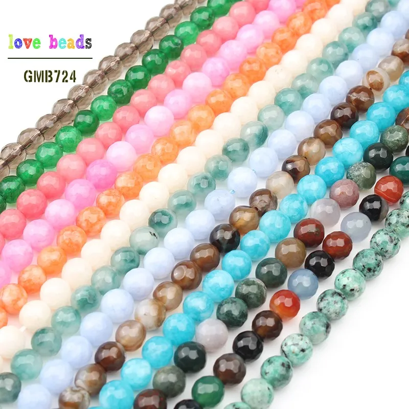 4/6/8/10mm Natural Stone Faceted Pink Blue Chalcedony Jades Agates Round Beads for Jewelry Making 15\'\' DIY Necklace Bracelet