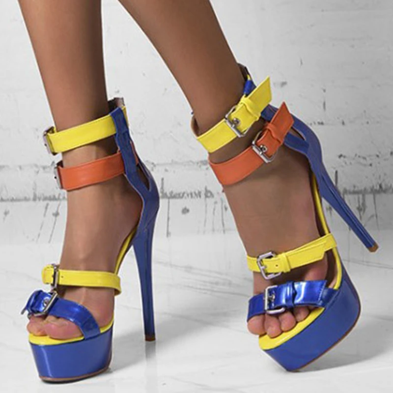 

Ankle Strap Buckle PU Upper Large Size 47 Thin Heel Women Sandals Blue Open toe Platform Pumps Colorblock Women's Shoes