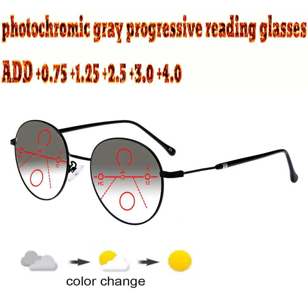 Round Anti Blu Light Ultralight Photocromic Progressive Multifocal Reading Glasses Men Women+1.0 +1.5 +1.75 +2.0 +2.5 +3 +3.5 +4