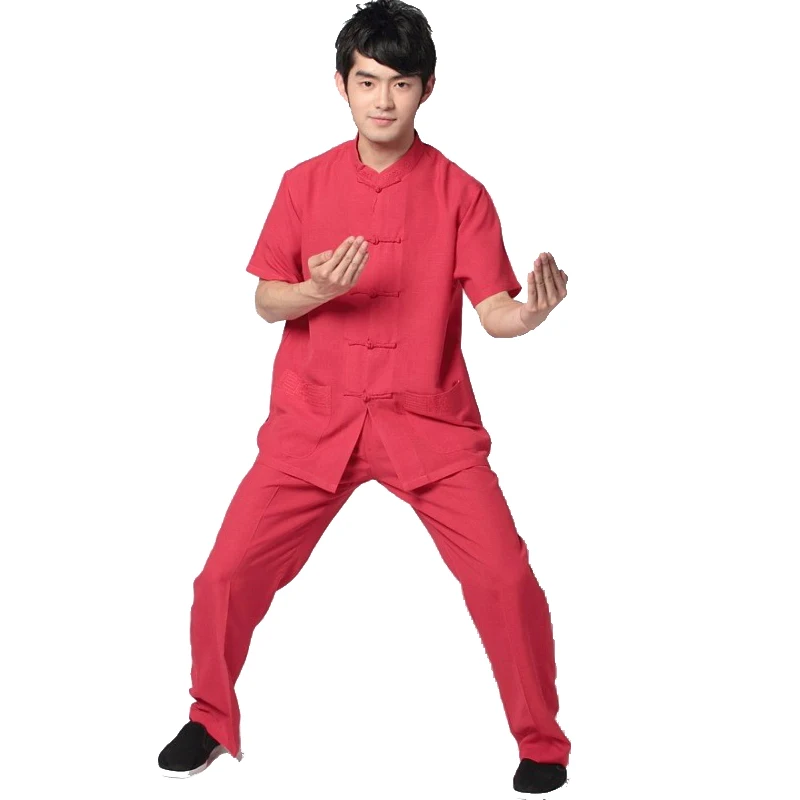 Chinese Traditional Men's Cotton Linen Kung Fu Suit Short Sleeve Wu Shu Sets Shirt&Pant Uniform Red vestido chino