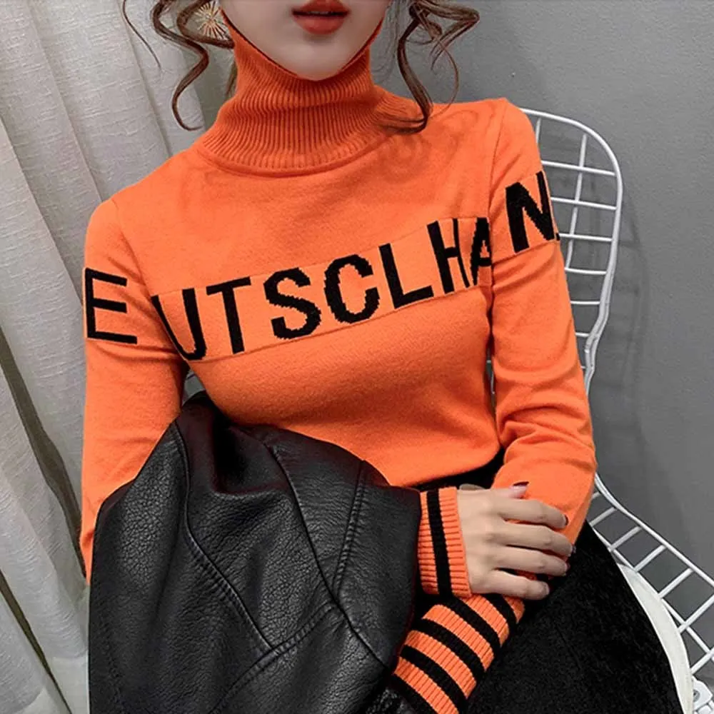 Winter Black White Blue Orange Sweater Women Turtleneck Pullovers Letters Slim Harajuku Casual Turtleneck Sweater Autumn