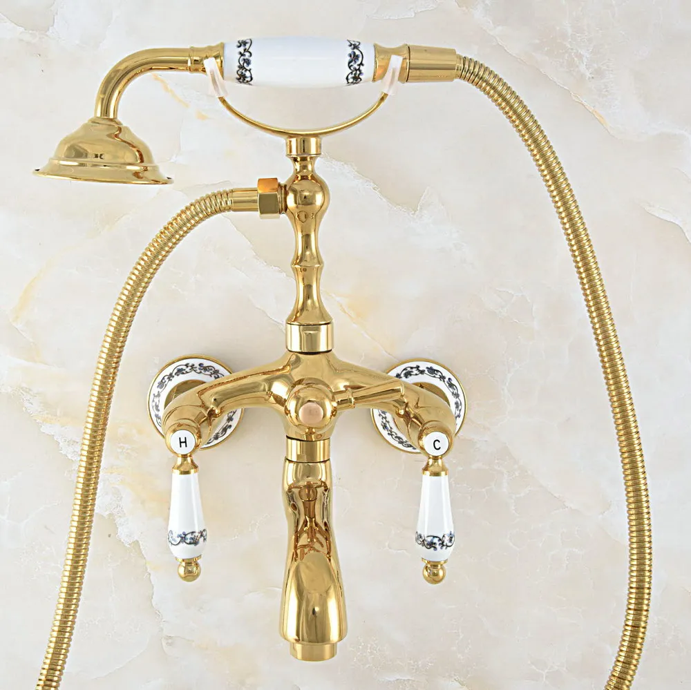 

Luxury Polished Gold Color Brass Bathroom Wall Mounted Clawfoot Tub Faucet Taps Set With Hand Held Shower Head Spray mna816