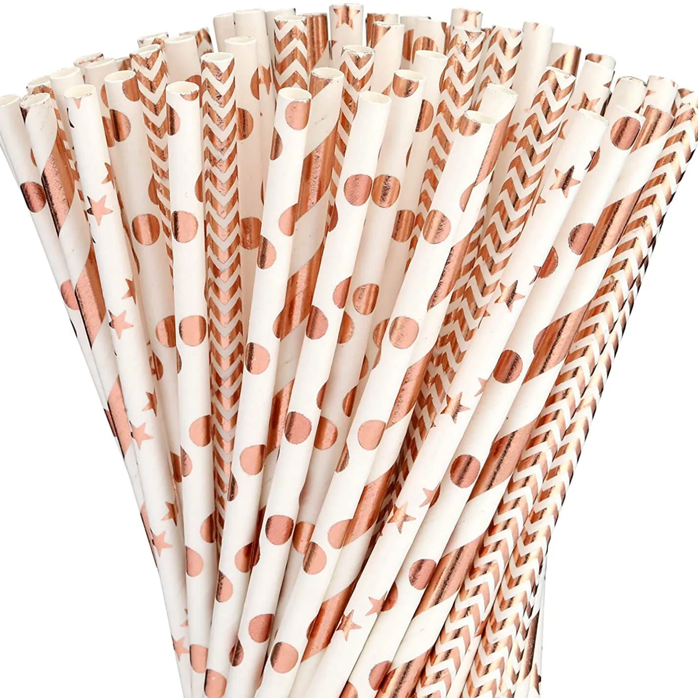 200 Pcs Plain Striped Chevron Polka Dot Star Heart Rose Gold Paper Straws Bulk-Foil Wedding Bridal Shower Holiday Party Drinking