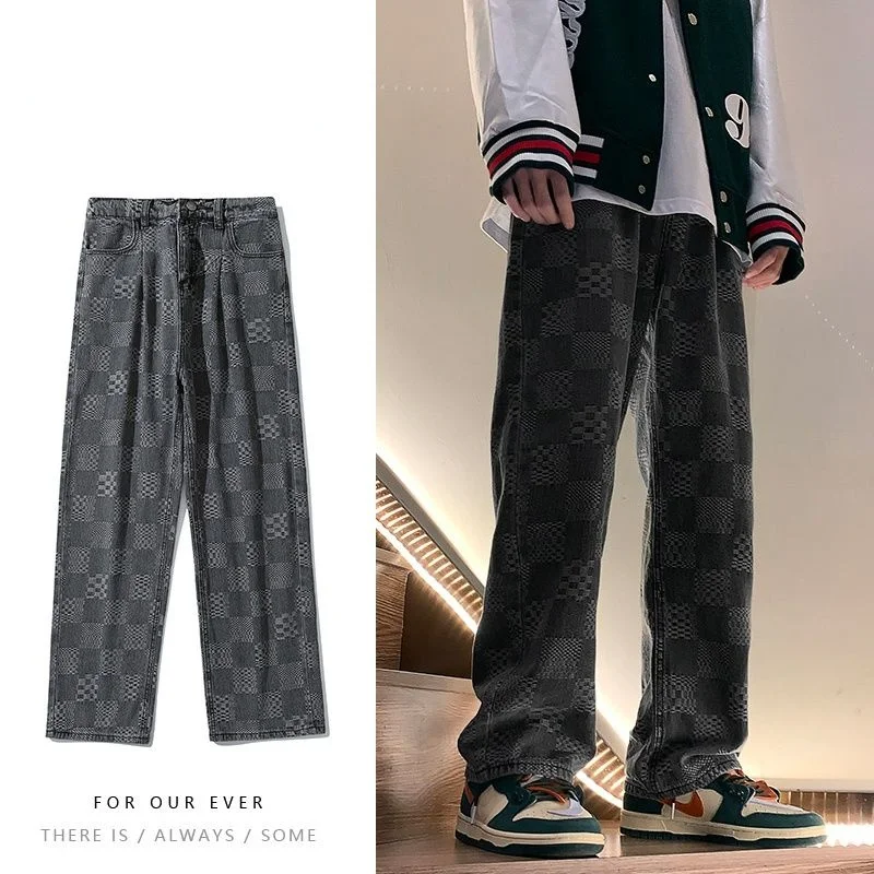 Fried Jeans Men's Fashion High Street Checkerboard Casual Plaid Pants Autumn Winter Loose Straight Wide Leg Pants Full Length