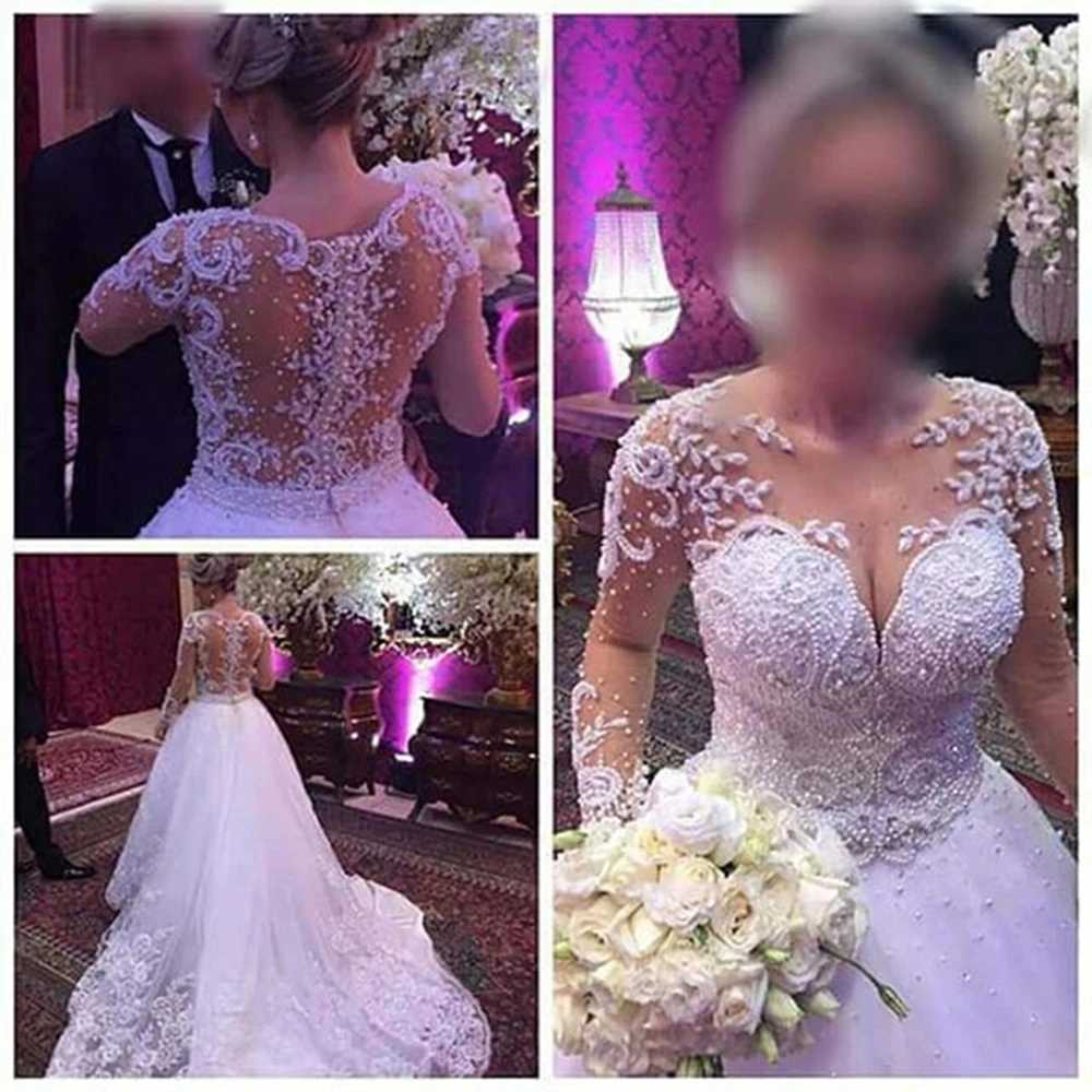 Vestidos De Novia Illusion Perlen Hochzeit Kleid 2021 Nach Maß Appliques Langen Ärmeln Brautkleid Robe De Mariee