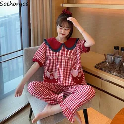 Summer Pajama Sets Sweet Plaid Bow Loose Short Sleeve Tops Elastic Waist Pants Lounge Sleepwear Cute New Pyjamas Students Daily