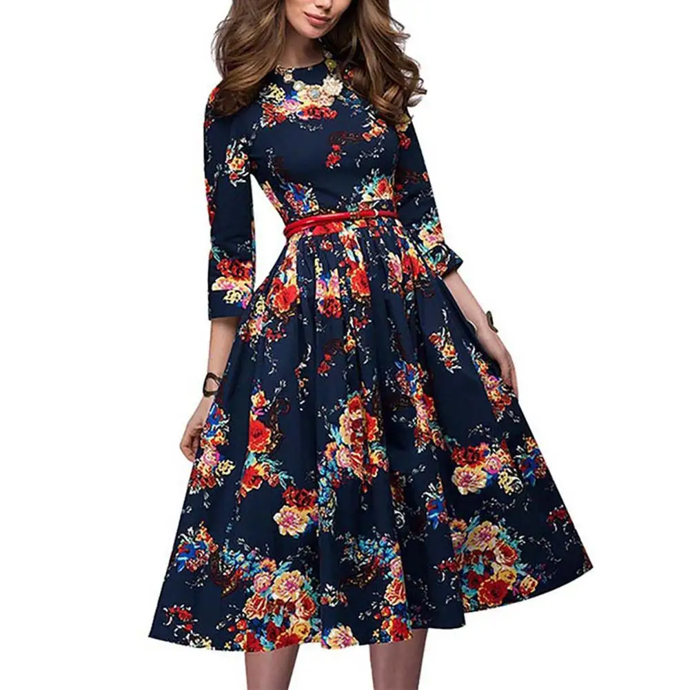 Women Dress Elegant Vintage Floral Print O Neck Long Sleeve Lace-up Waist Flared Loose A Line Midi Dresses Party