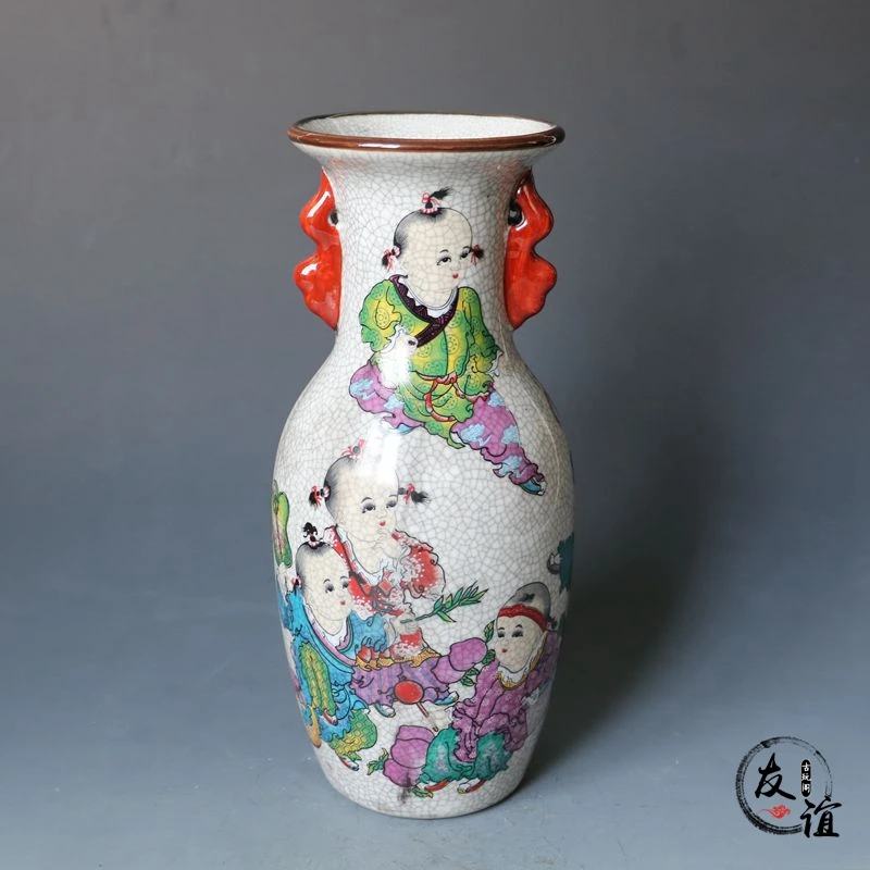 Jingdezhen 골동품 도자기 파스텔 균열 아기 놀이 그림 이중 귀 꽃병 골동품 선반 장식