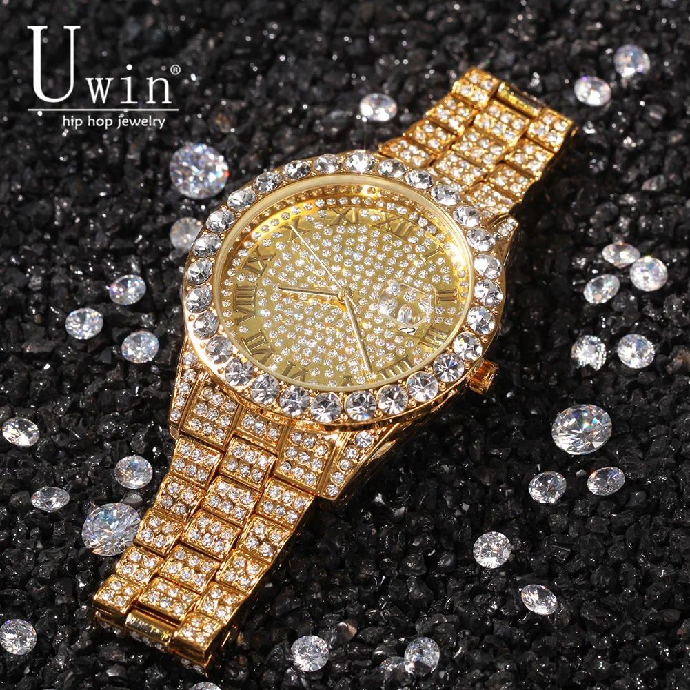 Uwin Big Dial Full Iced Out Men Watches Stainless Steel Fashion Luxury Rhinestones Quartz  Wristwatches Business Watch