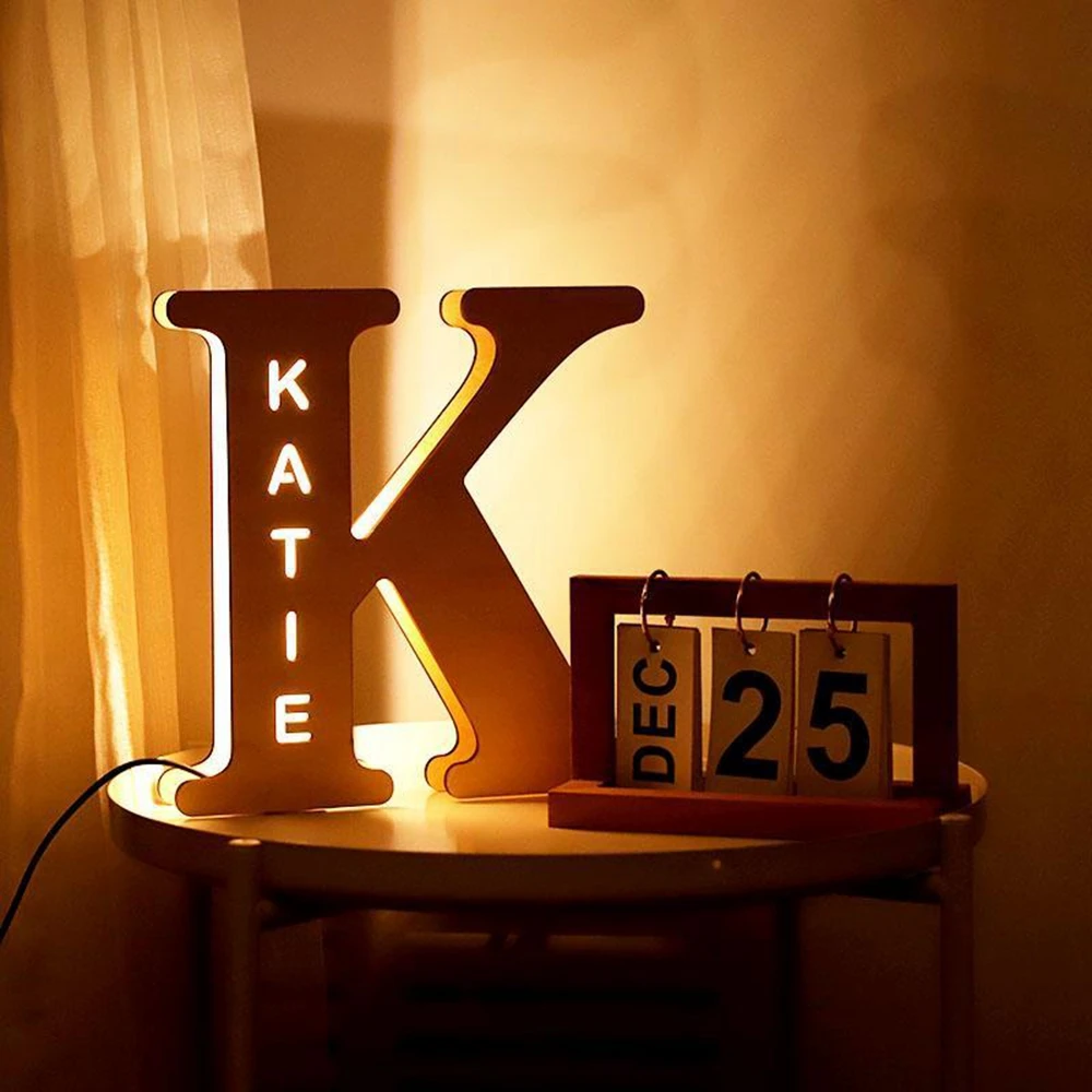 Personalized Name Alphabet Decoration Wood Night Light Bedside Lamp LED Wall Lamp Letter Hollow Initial Ornament for Kids