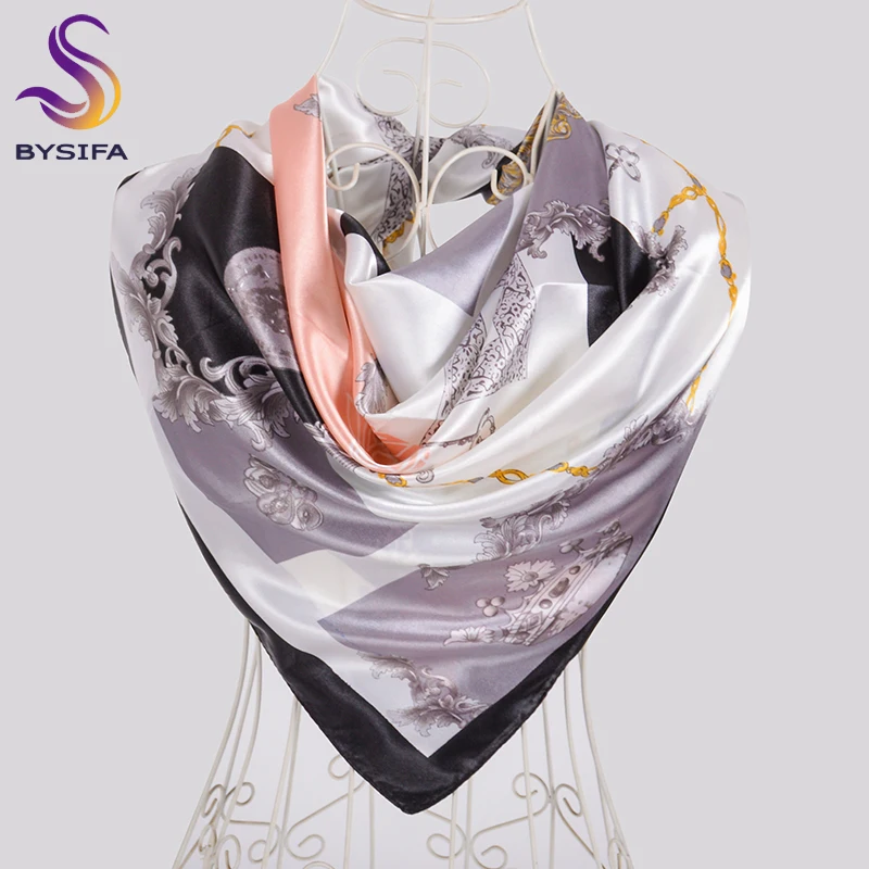 [BYSIFA] Black Grey Women Silk Scarf Hijab 2019 Fall Winter Scarves Shawls Brand Plaid Design Satin Neck Scarf Yellow,Pink,Red