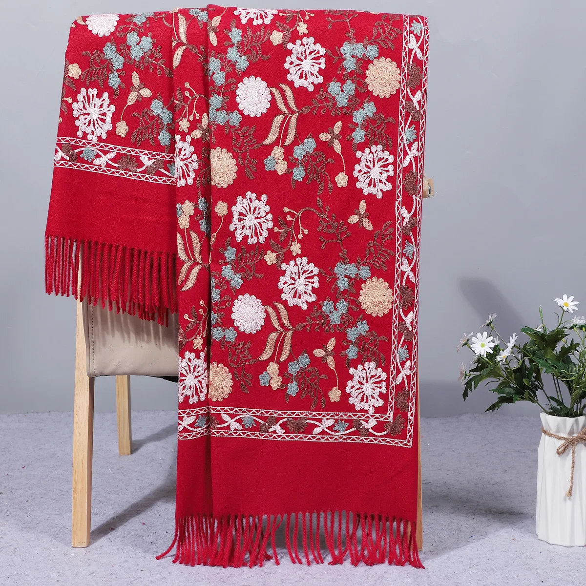 

Scarves Wrap Imitation Cashmere Pashmina Women Cachecol Feminino Embroidery Flower Chal Muffler Mujer Bufanda With Tassels