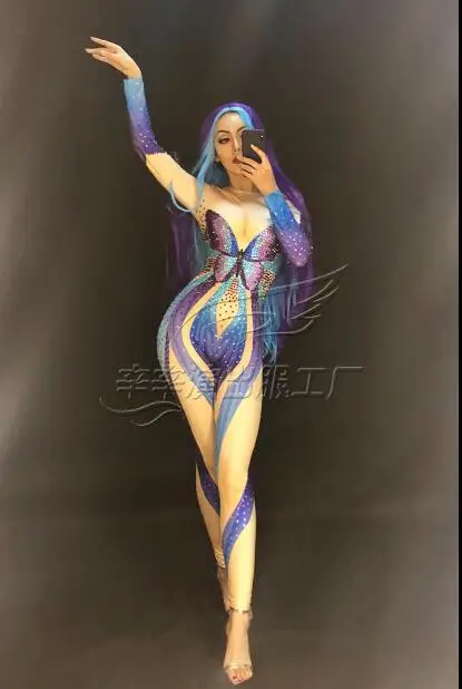 

Bar Dance Tight Rhinestone Butterfly Print Women Bodysuit Sexy DJ Women Jumpsuit Elasticity Nightclub Perform