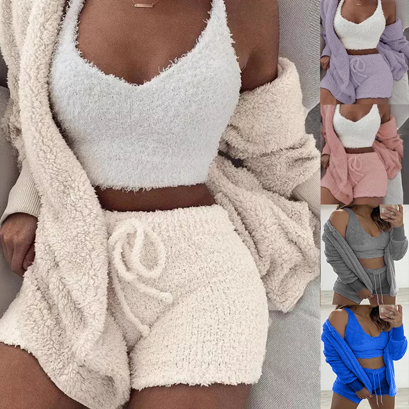 Women Three Piece Sexy Fluffy Outfits Plush Velvet Hooded Cardigan Coat Shorts Crop To Tracksuit Sets Casual Sports Sweatshirt