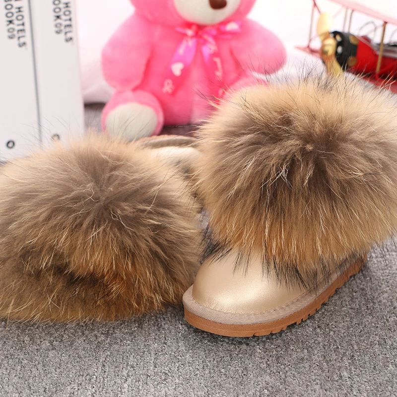 Genuine Leather Children Shoes Customized Kids Snow Boots Natural Big Fox Fur Cold Winter Boys Girls Warm Botas Baby Boots