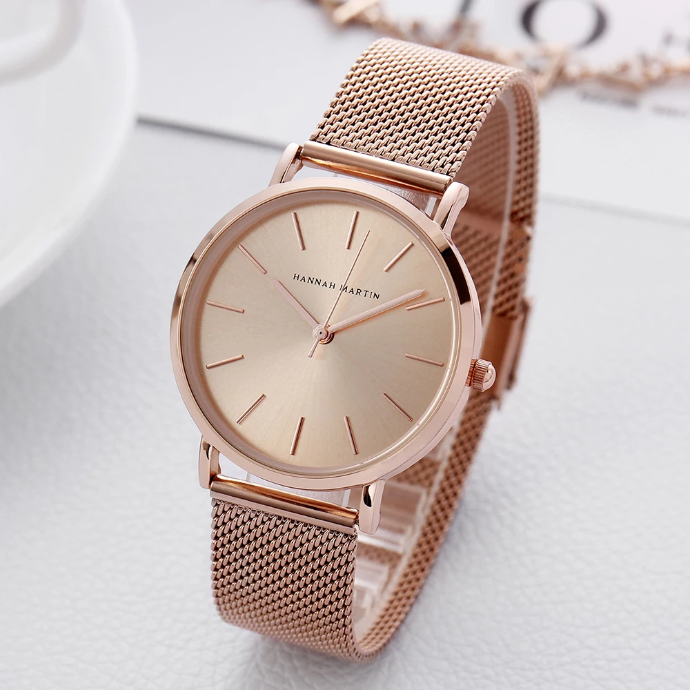 Hannah Martin New Hot Top Brand Luxury Japan Quartz Wristwatch Stainless Steel Rose Gold Waterproof Watch for Women reloj mujer