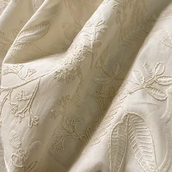 High density cotton tissu Three dimensional Beige flower embroidery fabric Dress shirt top hand DIY fabrics