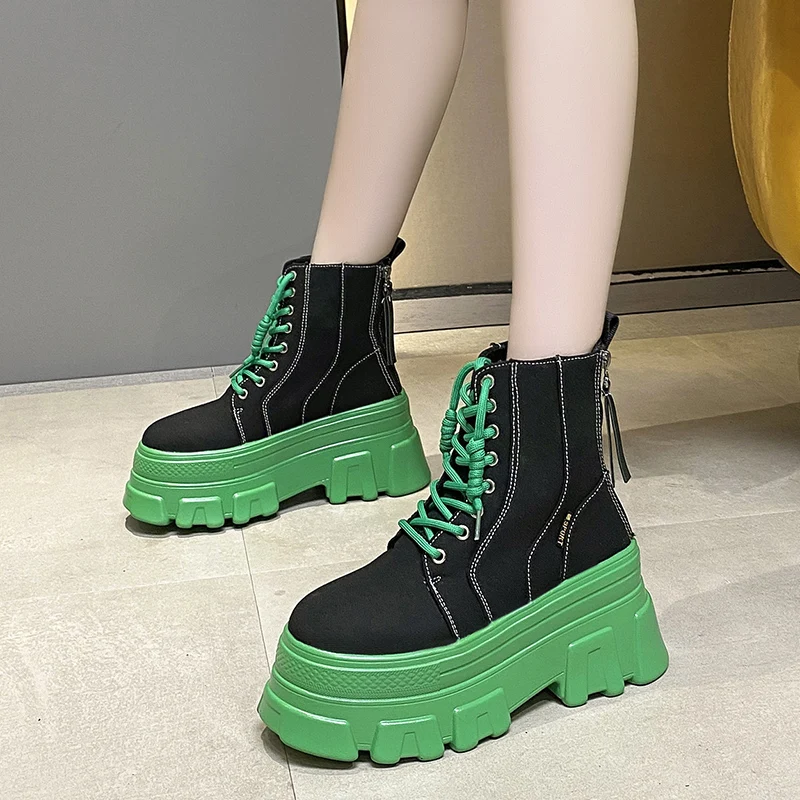 2021 Autumn Women Chunky Ankle Boots Casual Short Boots Women\'s 8cm High Heels Wedge Boots Shoes Woman Winter Platform Sneakers