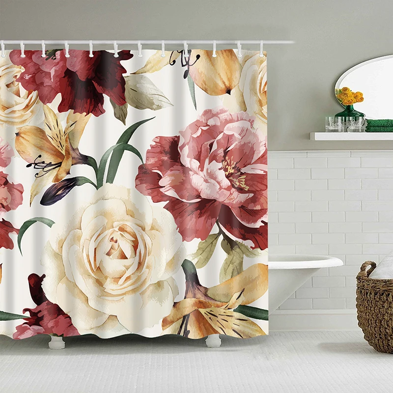 3D Flowers Pattern Shower Curtains Vintage Bath Curtain With Hooks Polyester Fabric Cloth Printing Curtain for Bathroom cortinas