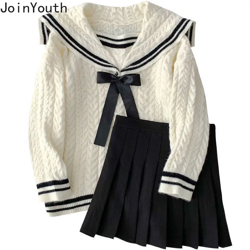 Joinyouth Spring Autumn Fashion Suits Women Navy Collar Long Sleeve Loose Sweater High Waist Pleated Skirt Two-piece Sets Female