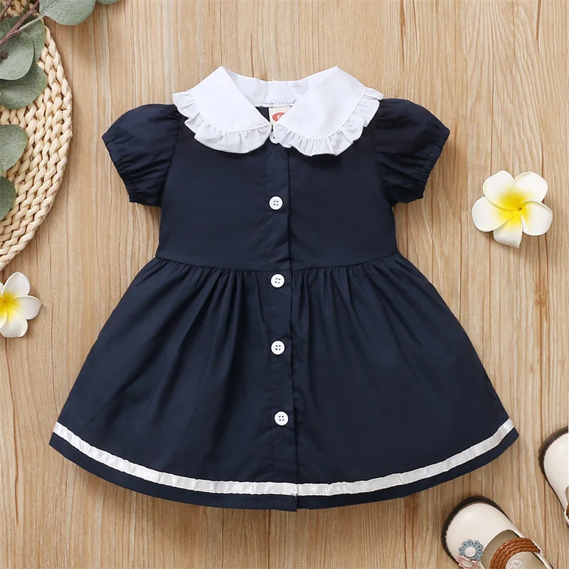 Blue Children's Dress Peter Pan Collar Baby Girl Summer Dress Puff Sleeve Girls Dress Princess vestidos Cute Baby Girl Clothes