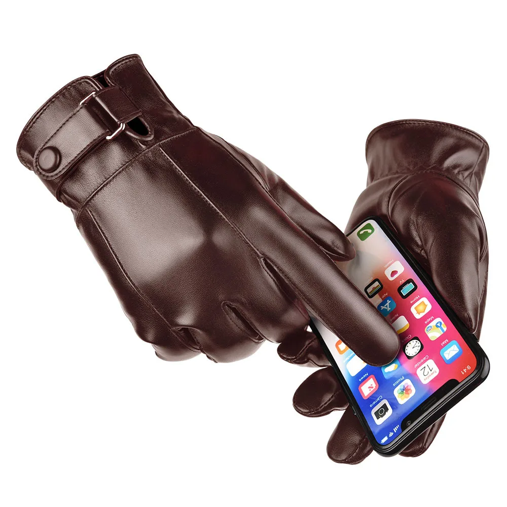 Men\'s Winter Warm Fashion Waterproof Gloves Men Faux Leather Driving Gloves Thin Leather Gloves for Touch Screen Brown Guantes