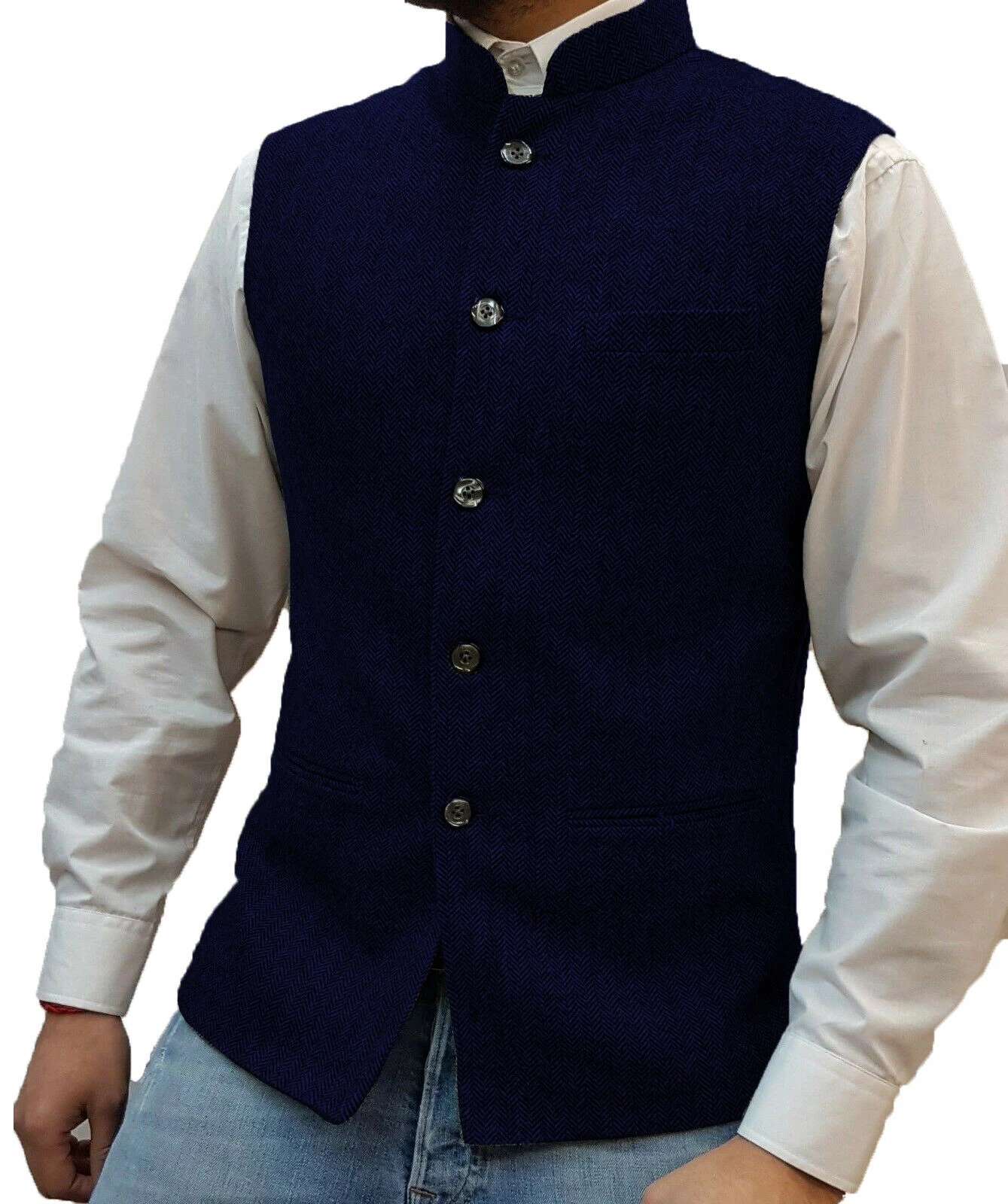 Mannen Pak Vest Bruin Visgraat Wol Tweed Stand-Up Kraag Slim Fit Vest Bruidegom Kostuums Kleding Voor Mannen bruiloft Vest