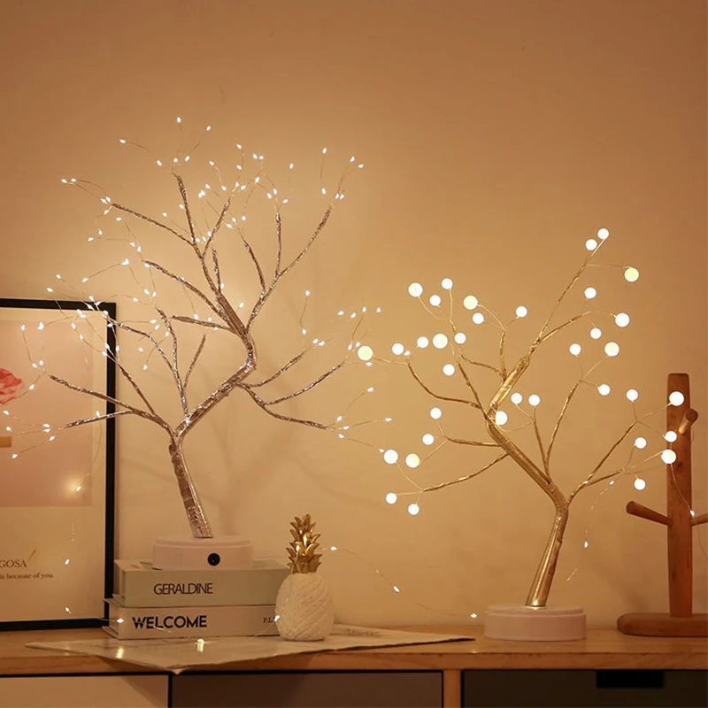 

Homhi Led Tree-Shaped Night Light Creative Pearl Table Lamp Home Decoration Room Decoration Lamp European Style Gold HNL-502