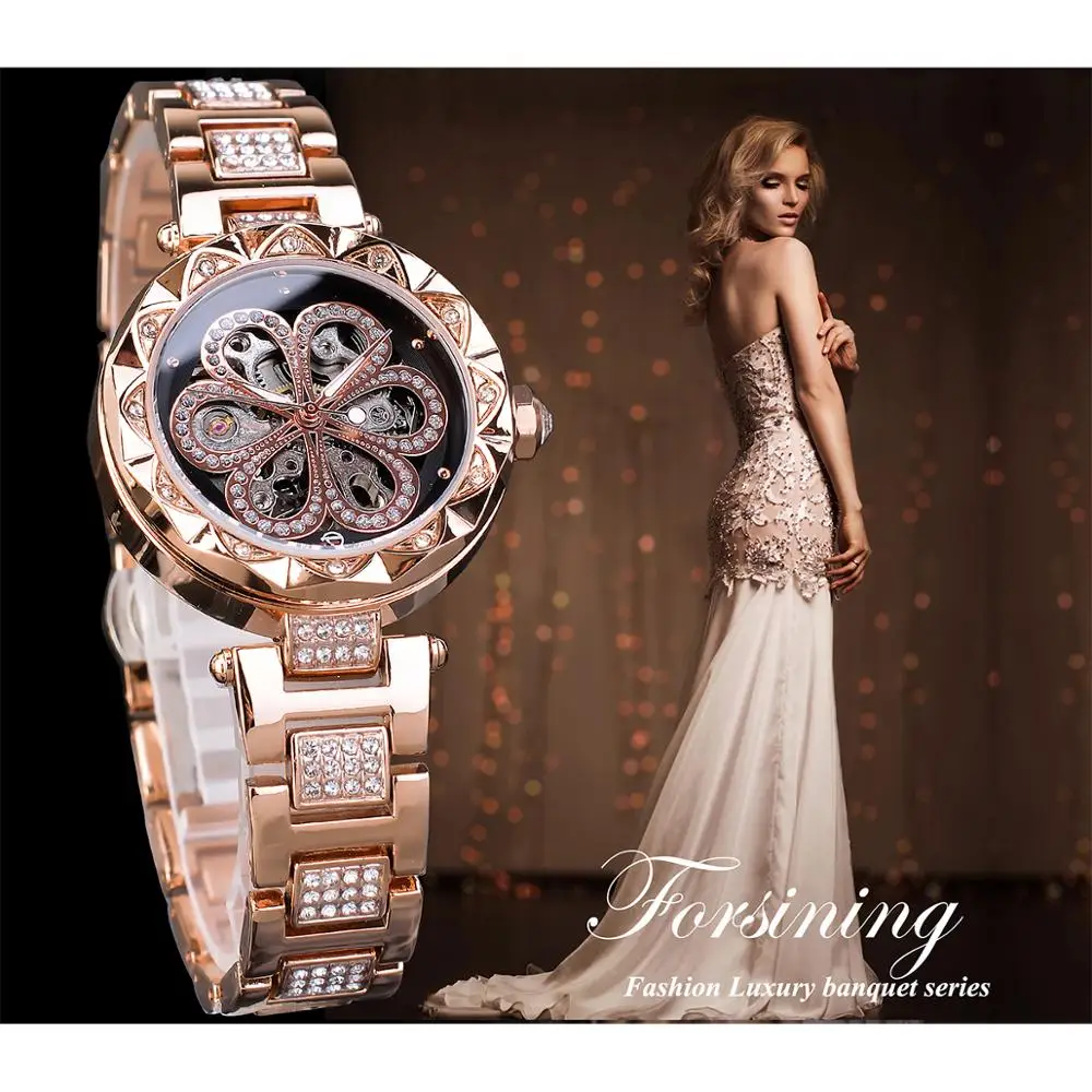 Forsining Female Watch Top Brand Luxury Diamond Party Fashion Waterproof Clock Mechanical Automatic Stainless Steel Women Watch