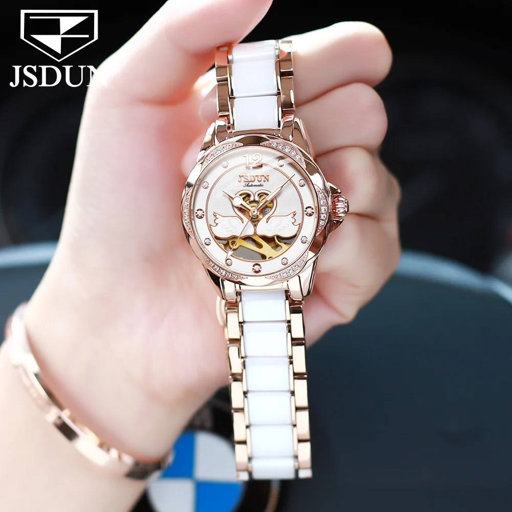 

JSDUN Women's High-End Automatic watch Luxury Brand Fashion New Ceramic Diamond Waterproof Hollow Out Lady's Watch