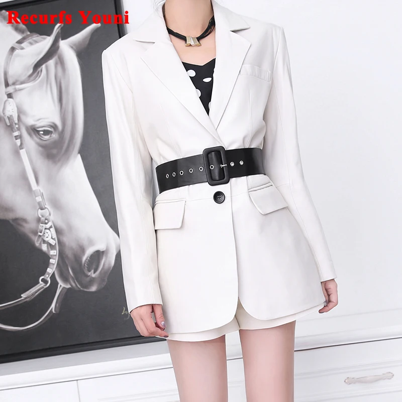 Roupa feminina couro legítimo inverno solto terno feminino elegante branco jaqueta feminina manga comprida com cinto