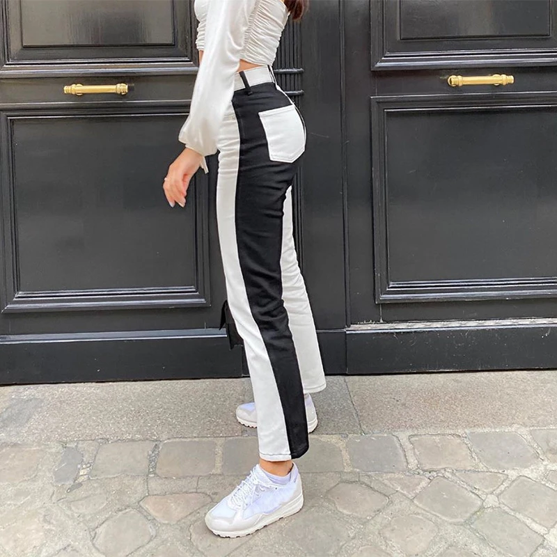 Black White Patchwork Jeans Women Spring 2021 Fashion Contrast Color High Waist Wide Leg Pants Woman Casual Loose Straight Jeans